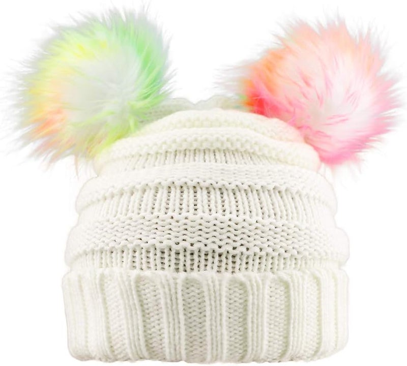 ACTLATI Kids Winter Knitted Beanie Hat Colorful Pompom Ears Ski Hat for Boy Girl(Ages 7-12) - Image 1